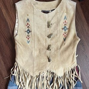 Vintage Studio West Tribal Fringe Leather Vest; small